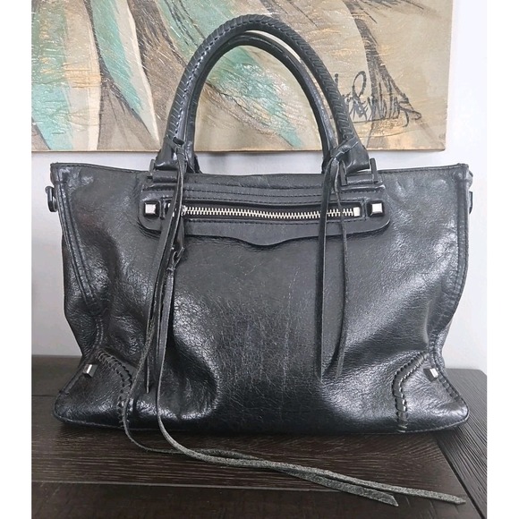 Rebecca Minkoff Regan Black Pebbled Leather Crossbody Double Handle Satchel - Picture 2 of 9